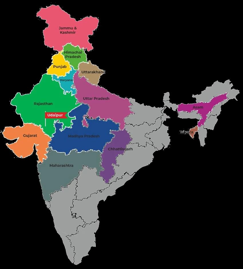 Map of India highlighting NM India Biotech's markets, with the Udaipur headquarters flagged